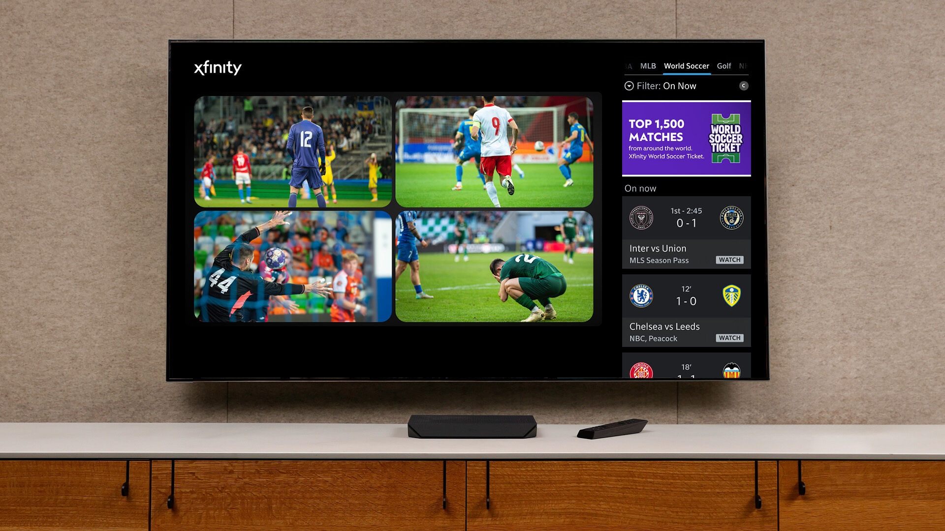 With Xfinity X1, World Soccer Ticket customers can enjoy Multiview and Sports Zone.