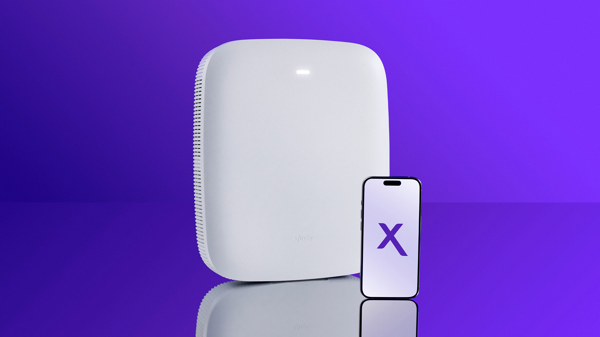 An xFi MDU Gateway and a smartphone displaying the Xfinity app.