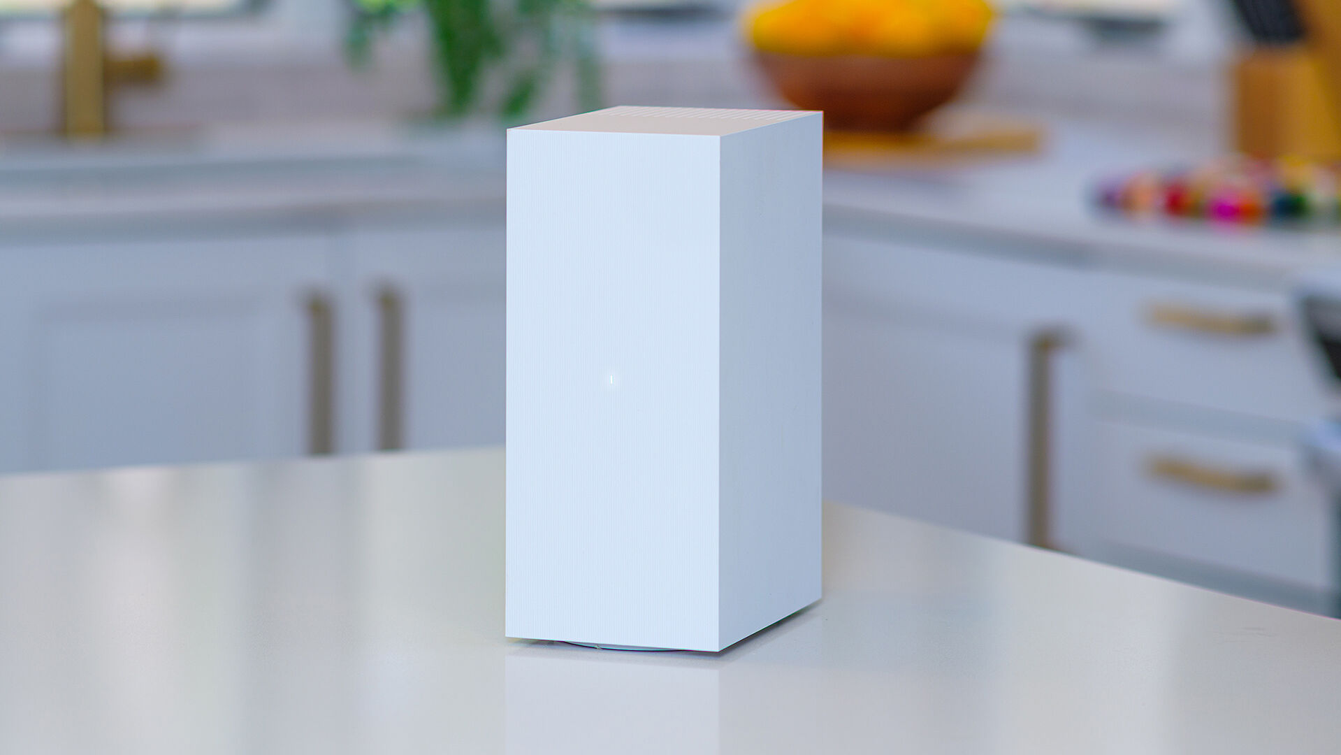 An xFi XB10 Gateway sitting on a counter.