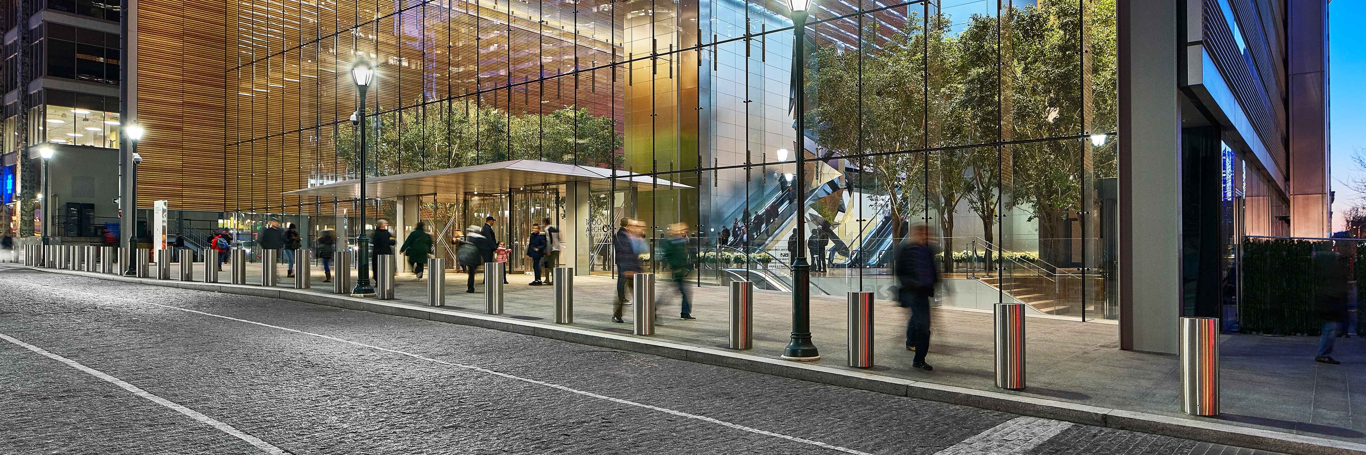 Modern building at night with glass facade