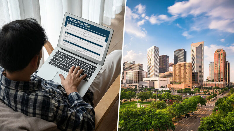 Split image showing a person working on a laptop on the left and a sunny cityscape skyline on the right