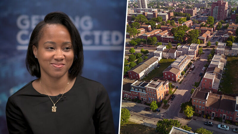 Split image featuring Ke’ra Thomas on the left and an aerial shot of a residential neighborhood with brick row homes on the right