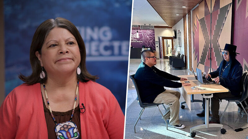 Split image with a Debra Croswell on the left and two people sitting at a table working together on the right