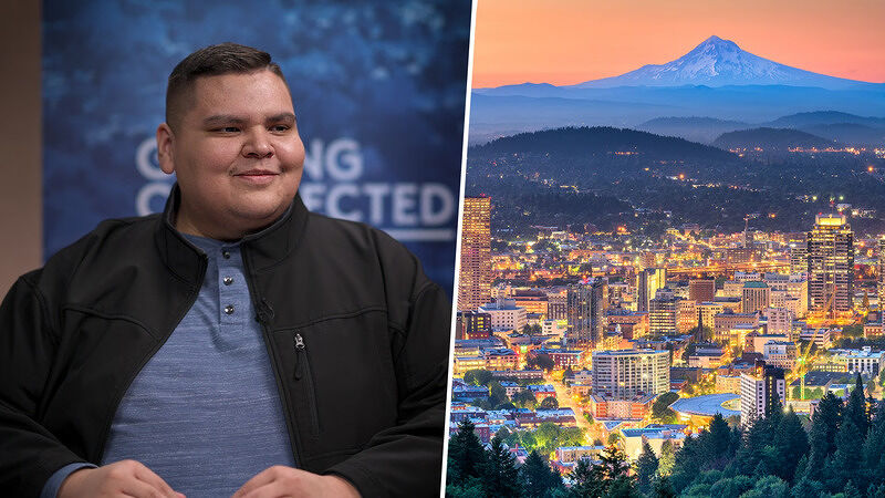Split image featuring Juan Muro Jr. on the left and a scenic cityscape at twilight with a mountain in the background on the right