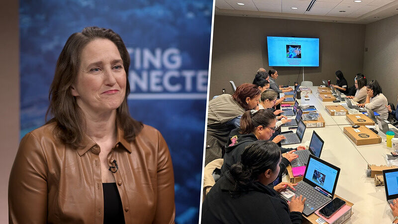 Split image with Margaret Käufer on the left and a group of people sitting around a long conference table on the right