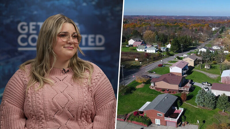 Split image showing Sarah Radcliffe on the left and an aerial shot of a rural neighborhood on the right