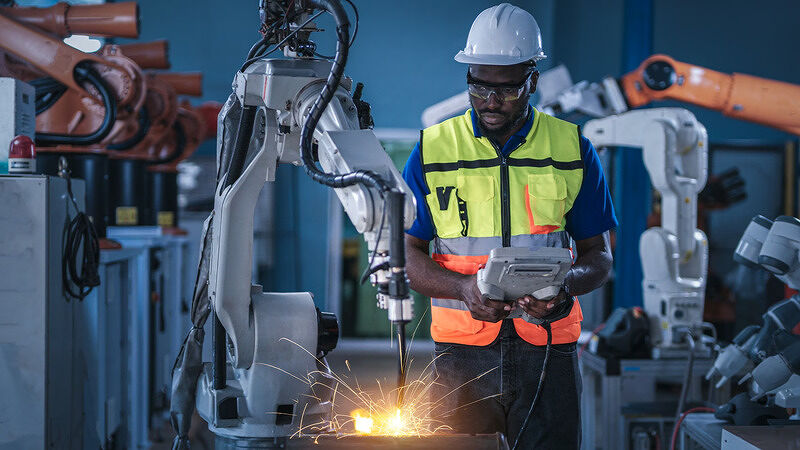 Worker wearing safety gear and a hard hat operating advanced manufacturing machinery in an industrial setting
