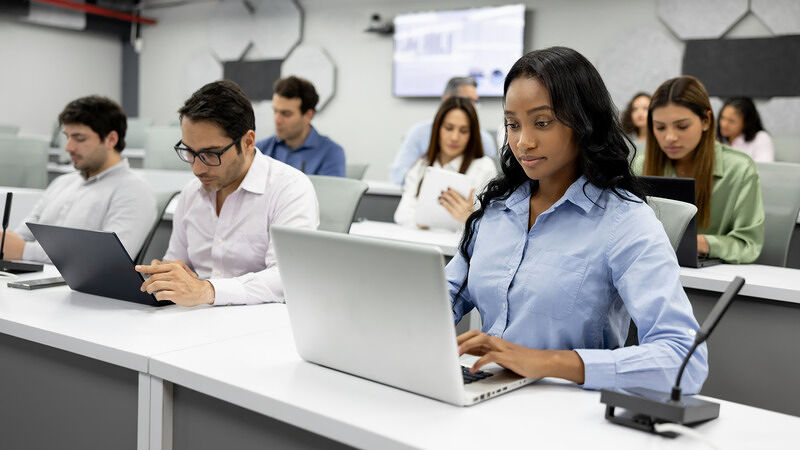 Professional woman working on a laptop at a long desk in a classroom or computer lab surrounded by peers