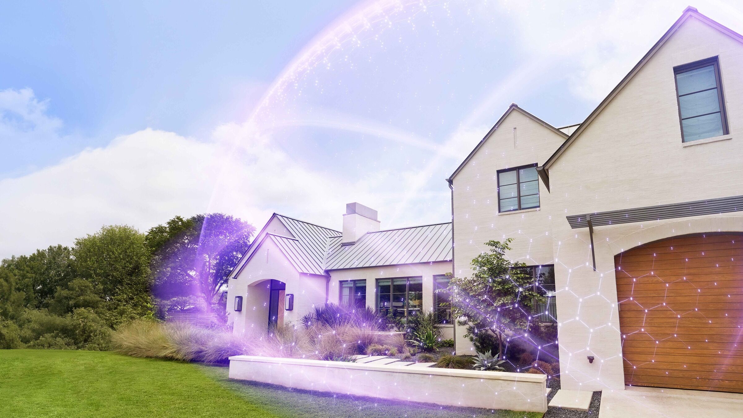 A modern house surrounded by a glowing purple hexagonal dome effect suggesting a protective shield over the property