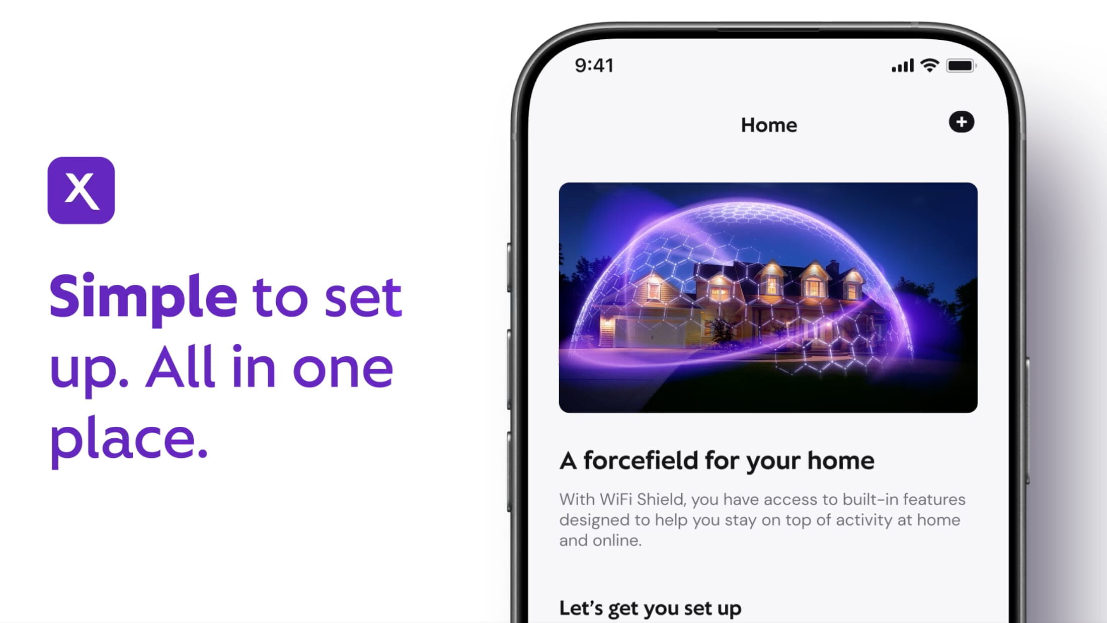 A smartphone screen displaying a home‑protection app with a glowing shield over a house and nearby text stating it is simple to set up, all in one place