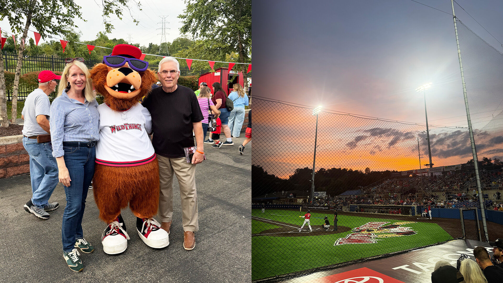 Collage of two images. On the left two people and an animal mascot pose together for a photo. On the right a view of a baseball field mid-game during a sunset.