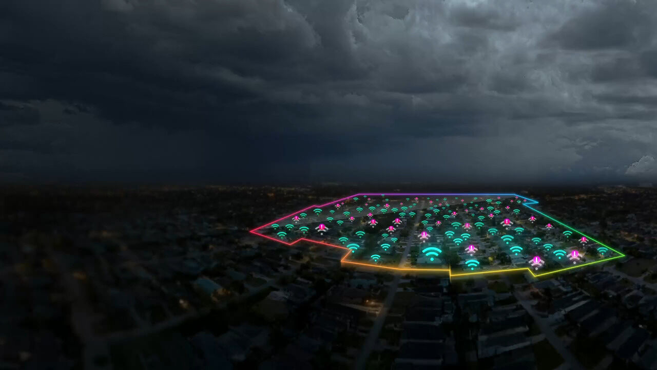 A dark residential neighborhood seen from above with a glowing digital grid overlay and multiple bright Wi‑Fi icons highlighting connected network nodes